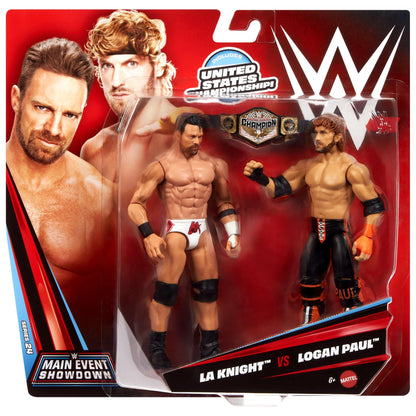 Mattel WWE Main Event Showdown Action Figures 2-Pack with Accessory, Series #24 LA Knight vs Logan Paul Collectible Set, 6-inch, JHJ55