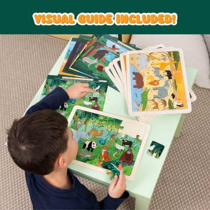 BONNYCO wooden animal puzzle with 24 pieces featuring different ecosystems, suitable for children ages 3 to 8.