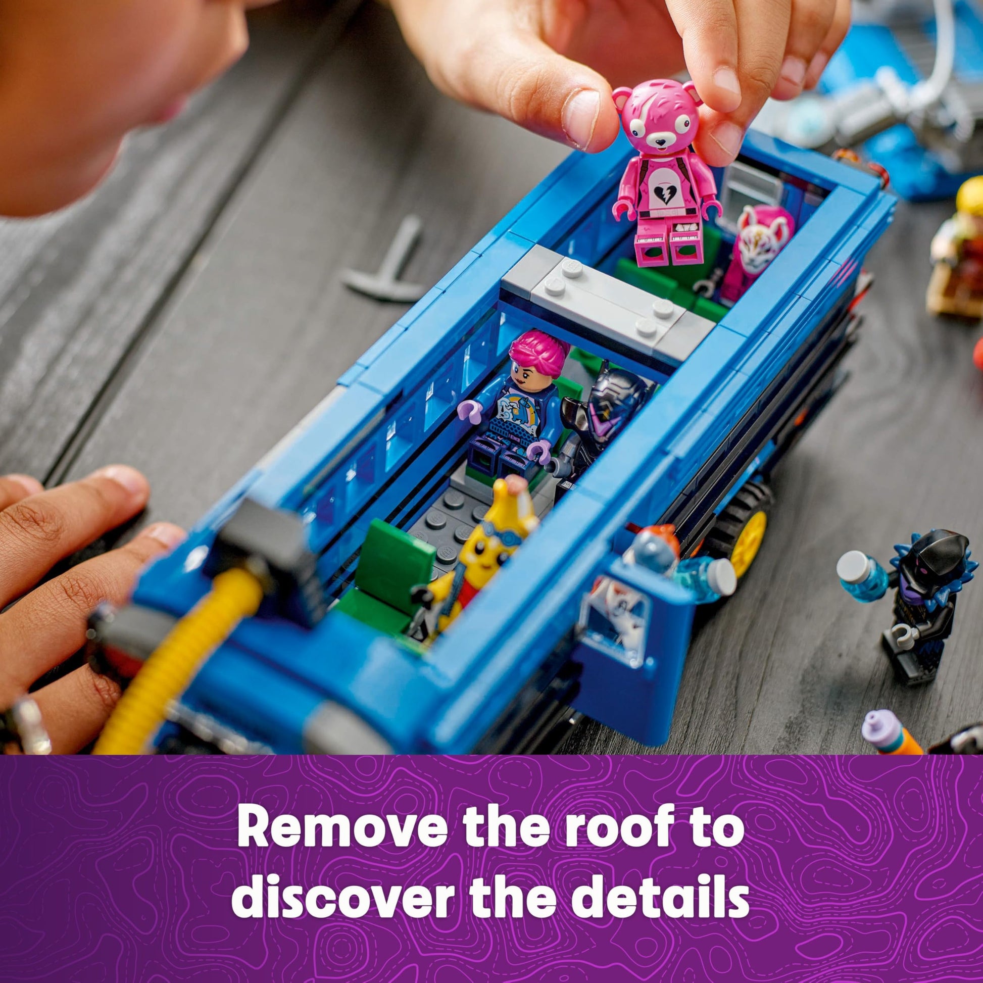 LEGO Fortnite Battle Bus toy model kit with 9 character minifigures and accessories for creative play and display.