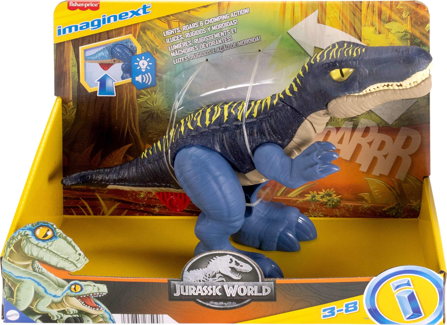 Fisher-Price Imaginext Jurassic World Baryonyx dinosaur toy with lights, sounds, and chomping action for kids age 3 and up.