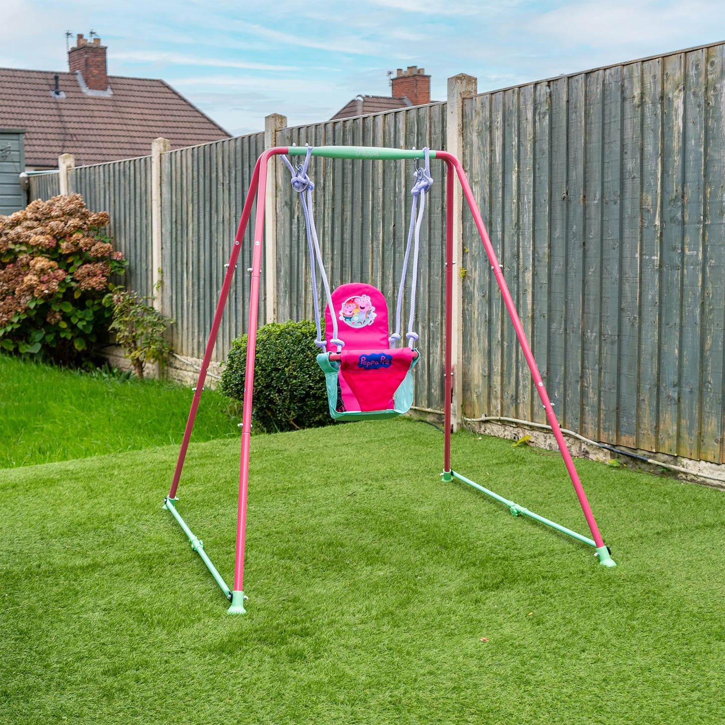 Peppa Pig fast folding baby swing set with adjustable seat and safety harness, suitable for indoor and outdoor use for toddlers 6-36 months.