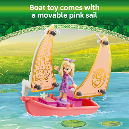 LEGO Wicked set featuring Glinda, Elphaba, and Nessarose mini dolls with a boat and accessories at Shiz University.