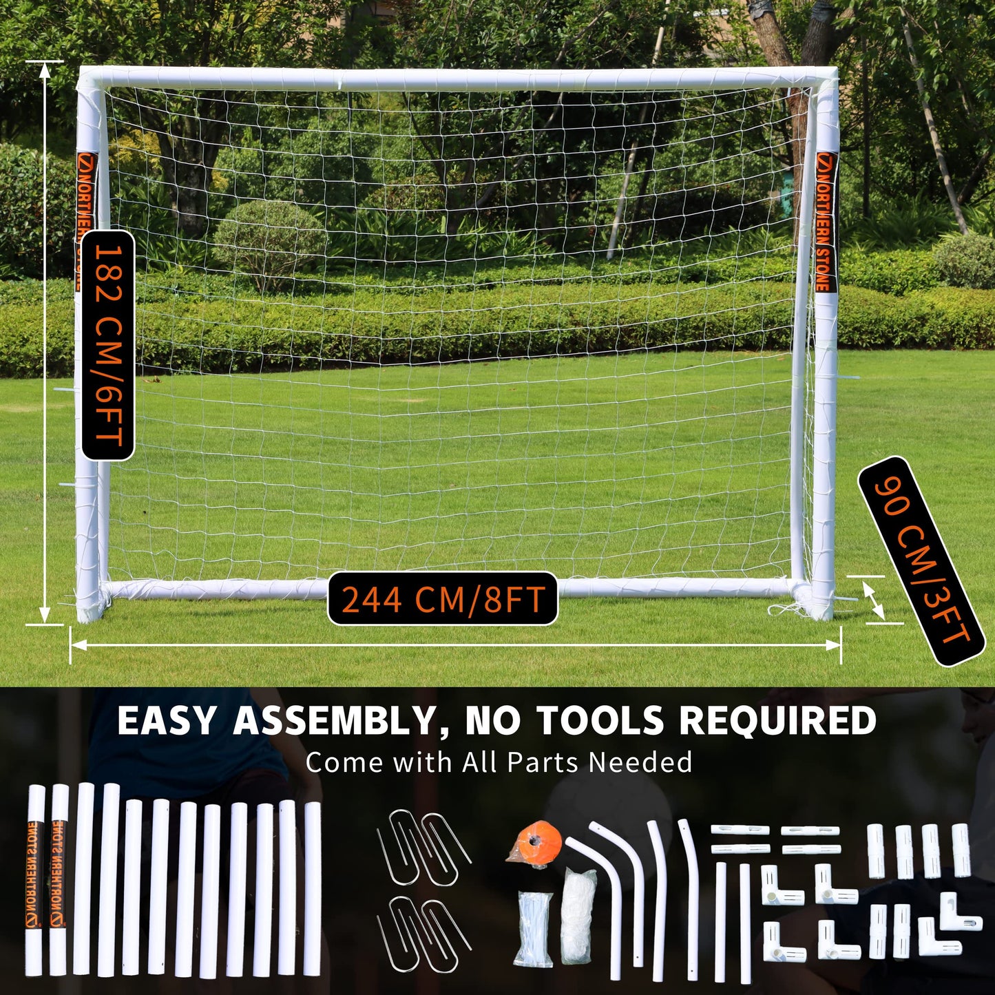 NORTHERN STONE Ultimate All Weather uPVC Football Goal 8ft x 6ft Garden Portable Football Goals 70mm Thick PVC Goal Posts + Football Net Integrated Locking System
