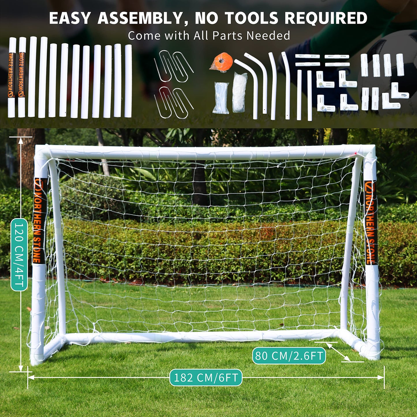 NORTHERN STONE Ultimate All Weather uPVC Football Goal 6ft x 4ft Garden Portable Football Goals 70mm Thick PVC Goal Posts + Football Net Integrated Locking System