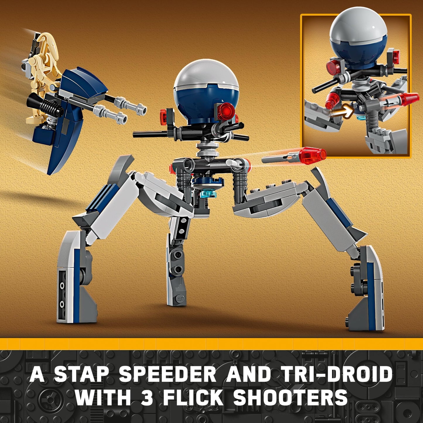 LEGO Star Wars Clone Trooper and Battle Droid Battle Pack with minifigures, droids, and speeder bike on a white background.