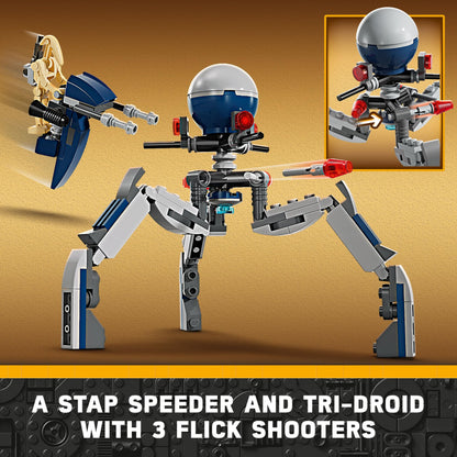 LEGO Star Wars Clone Trooper and Battle Droid Battle Pack with minifigures, droids, and speeder bike on a white background.