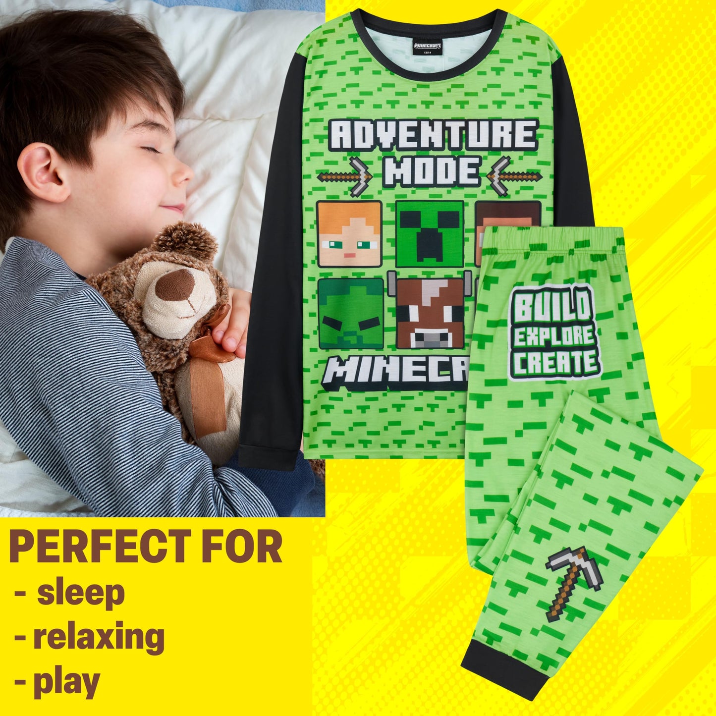 Get Trend Minecraft Boys Pyjamas Set, Long PJs for Kids & Teens, Creeper Loungewear Soft Nightwear, Gamer Gifts for Boys (6-7 Years, Green Minecraft)