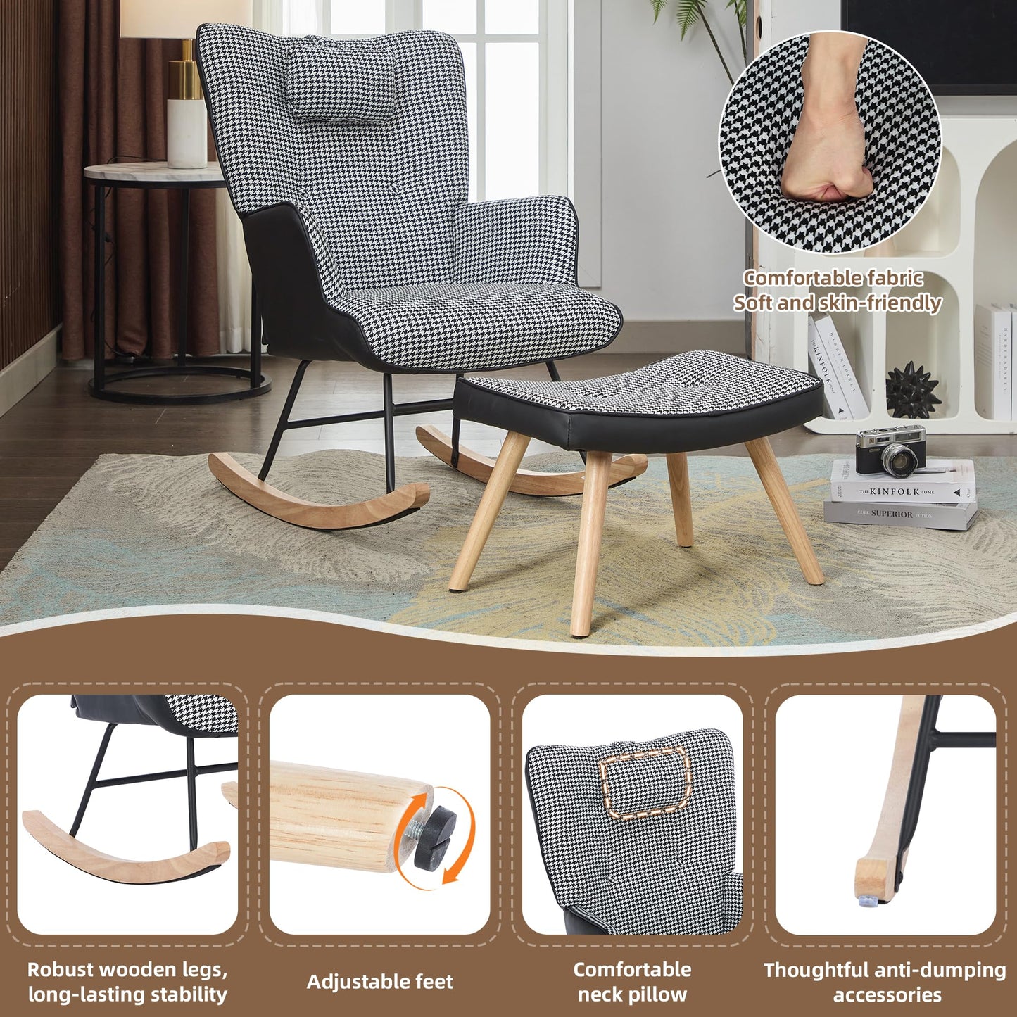 BTM fabric nursery rocking chair with footstool, high back, solid wood legs, side pocket, ideal for balcony, living room, or bedroom.