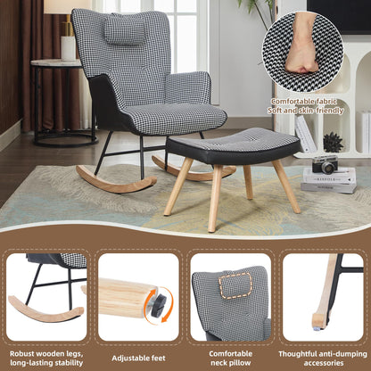 BTM fabric nursery rocking chair with footstool, high back, solid wood legs, side pocket, ideal for balcony, living room, or bedroom.
