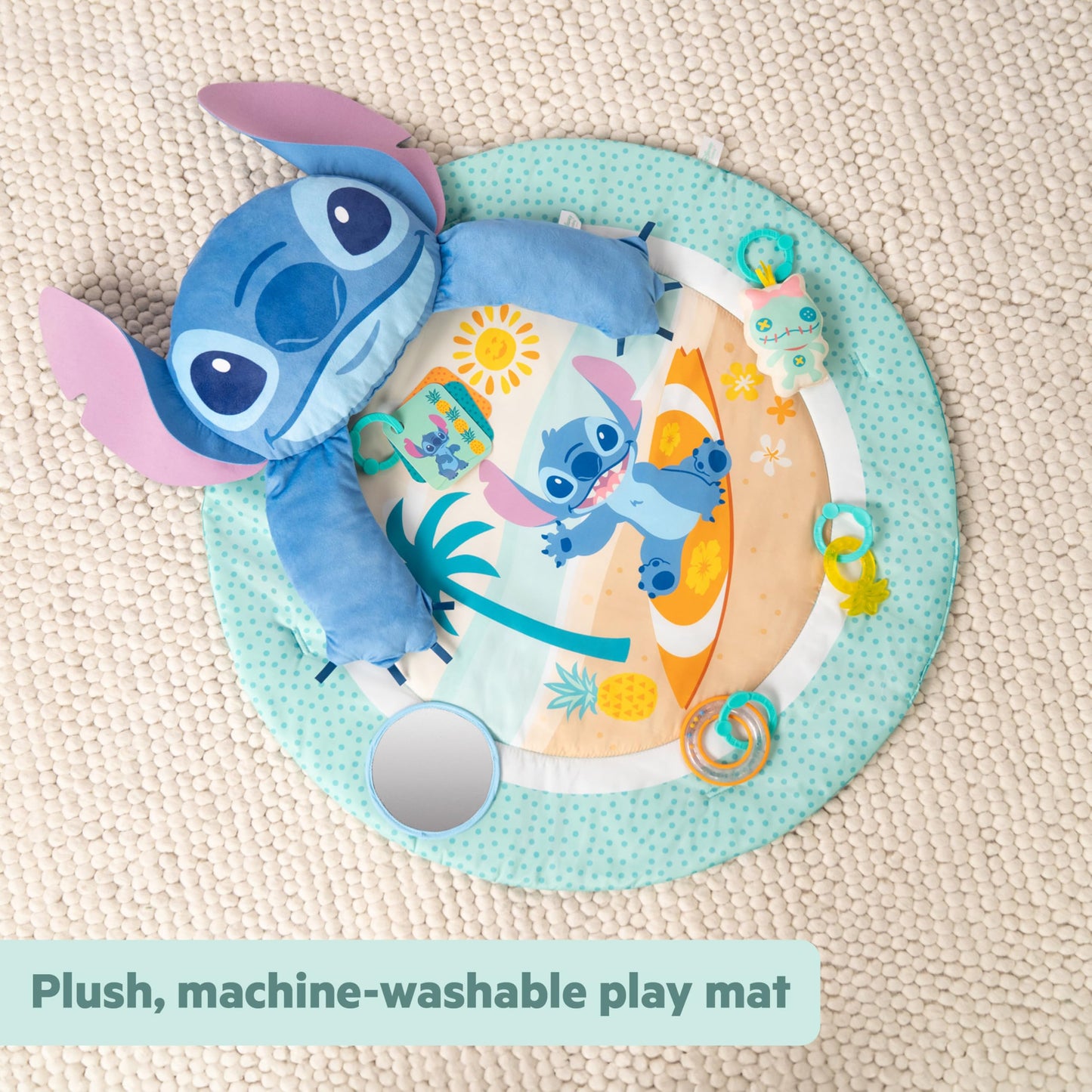 Bright Starts, Disney Baby Stitch Activity Gym, with Tummy Time Pillow, Baby Play Mat with Toy Bar, 5 Take Along Toys, for Newborns and Up