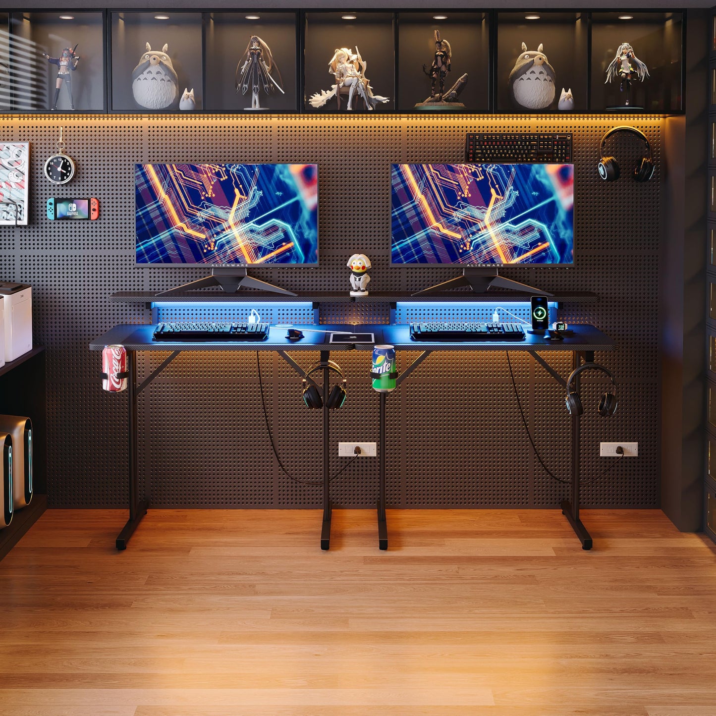 CAIYUN small gaming desk with LED lighting, power outlets, full monitor stand, black carbon fiber surface, and metal frame for home office