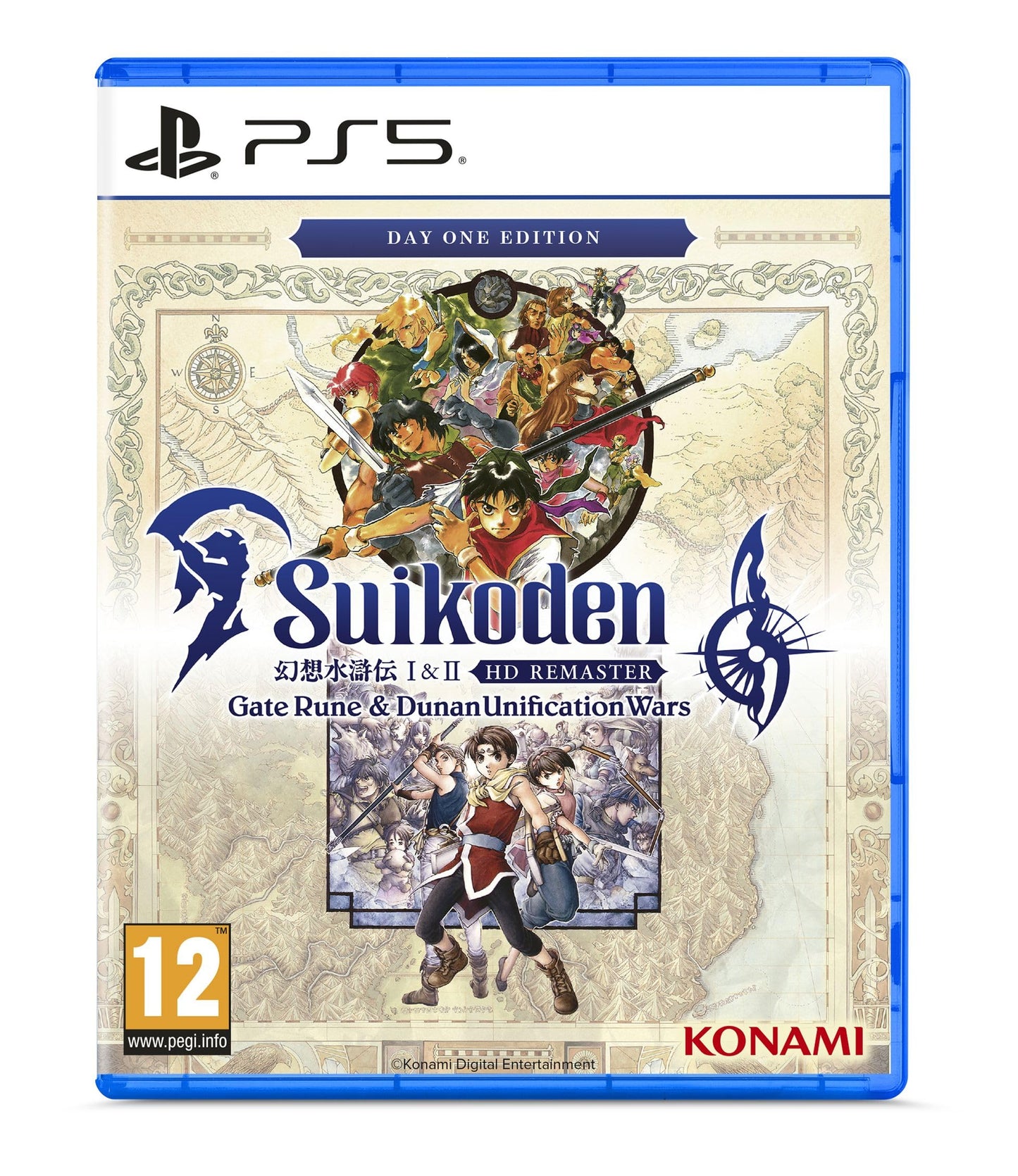 Cover art for Suikoden 1 & 2 HD Remaster on PS5, featuring colorful game characters and logo from Konami.