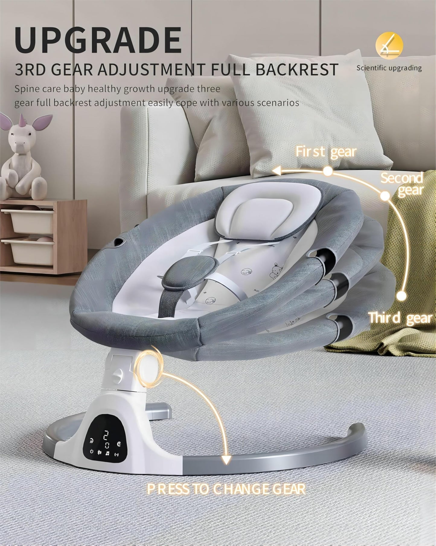 HoldOneLight beige adjustable height baby swing with remote control, 5-speed rocker, 5-point harness, 3 seat positions, and lullabies.