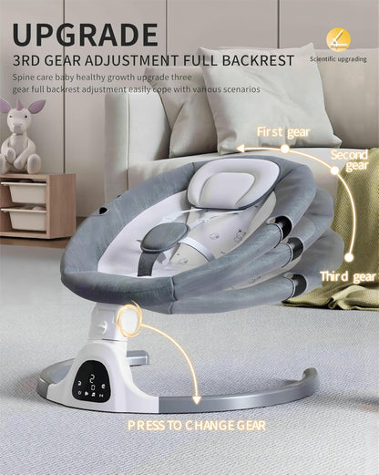 HoldOneLight beige adjustable height baby swing with remote control, 5-speed rocker, 5-point harness, 3 seat positions, and lullabies.