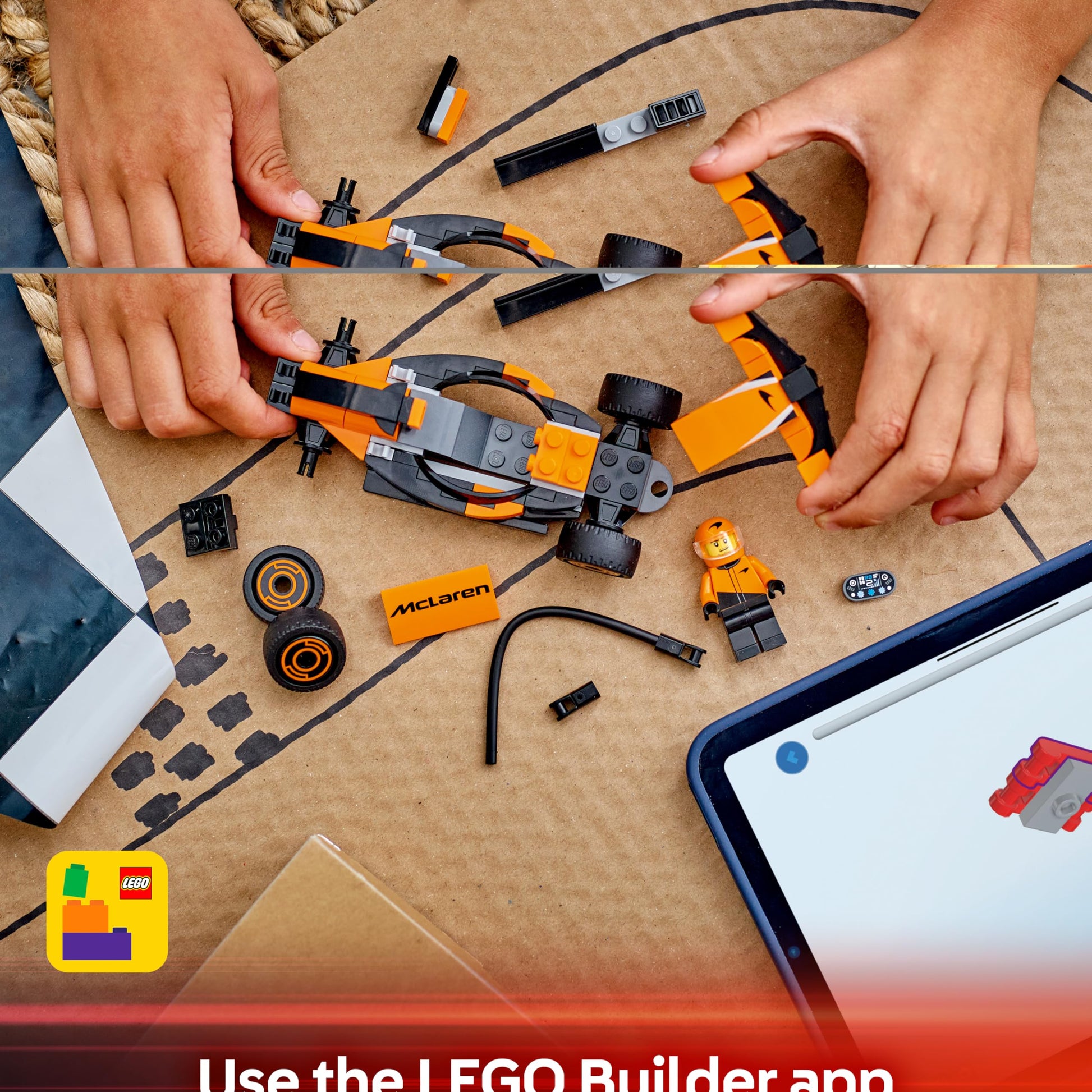 LEGO City F1 driver minifigure with McLaren race car in a colorful building toy set for kids and motorsport fans.