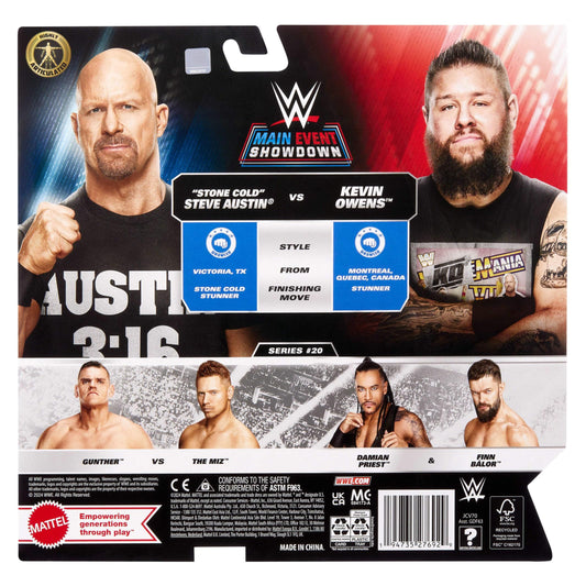 Mattel WWE Main Event Championship Showdown 2-Pack Action Figures & Accessory, Series #20 “Stone Cold” Steve Austin vs Kevin Owens Collectible Set, JCV70