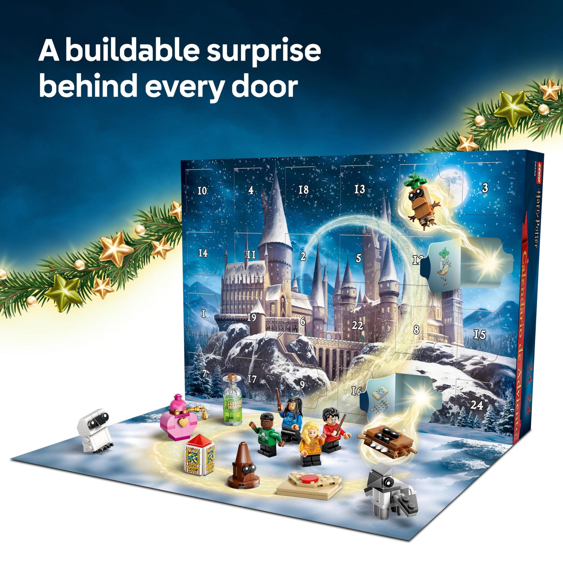 LEGO Harry Potter Advent Calendar 2025 with 8 festive minifigures and mini builds for Christmas countdown fun.