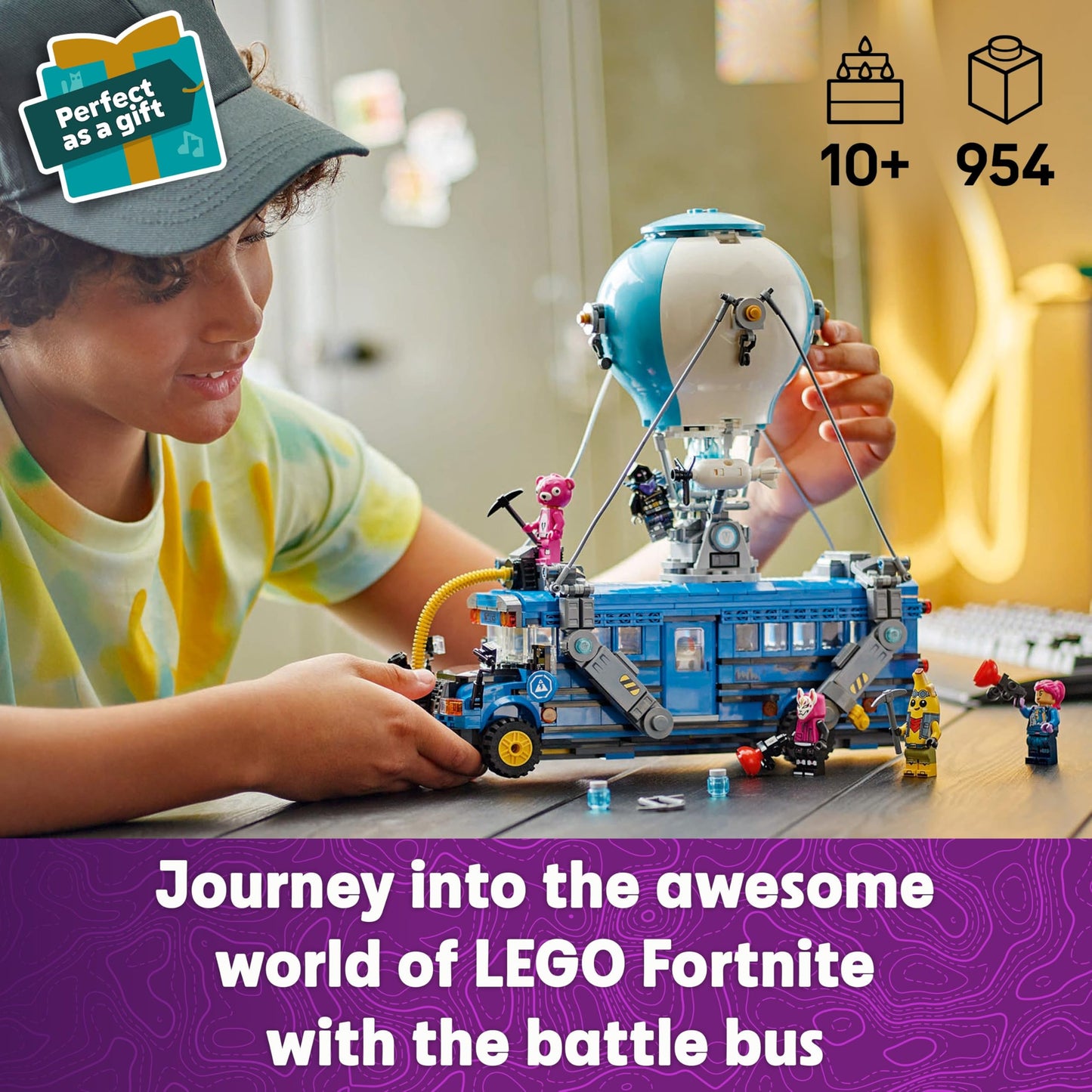 LEGO Fortnite Battle Bus toy model kit with 9 character minifigures and accessories for gaming fans aged 10 and up.
