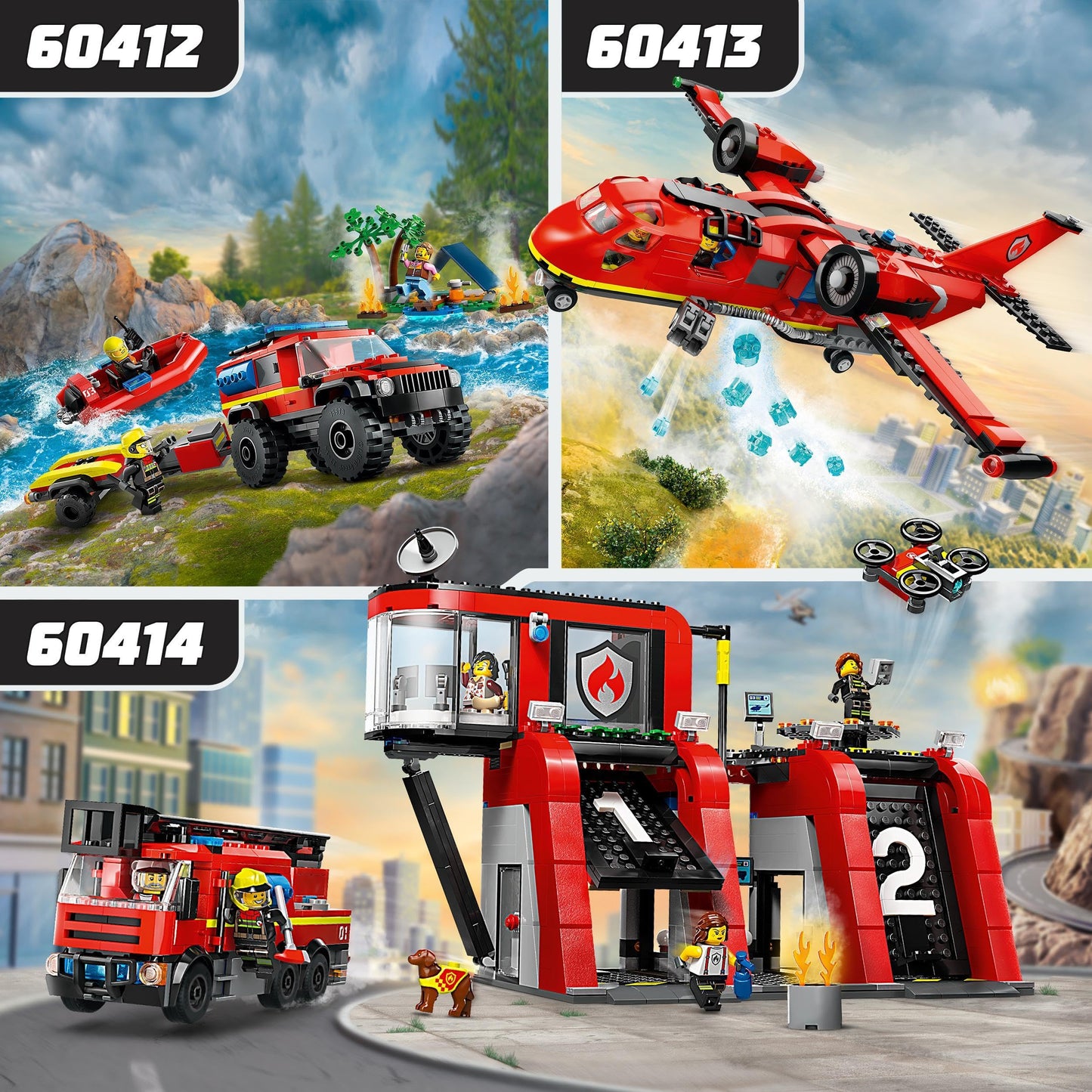 LEGO City 4x4 Fire Engine set with rescue boat, trailer, tent, camper, and two firefighter minifigures for imaginative play.