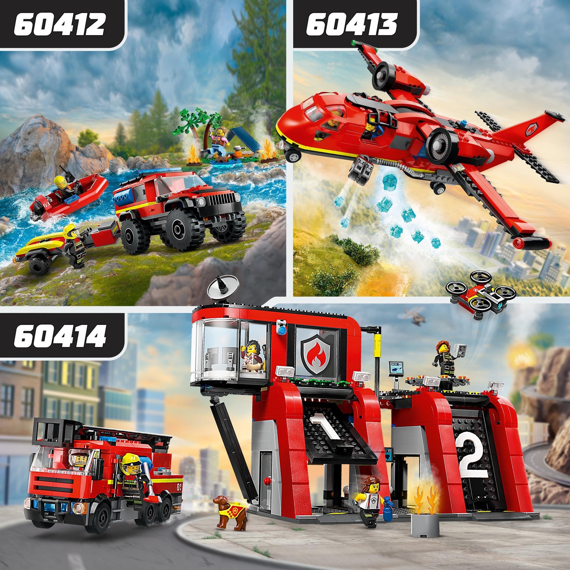 LEGO City 4x4 Fire Engine set with rescue boat, trailer, tent, camper, and two firefighter minifigures for imaginative play.