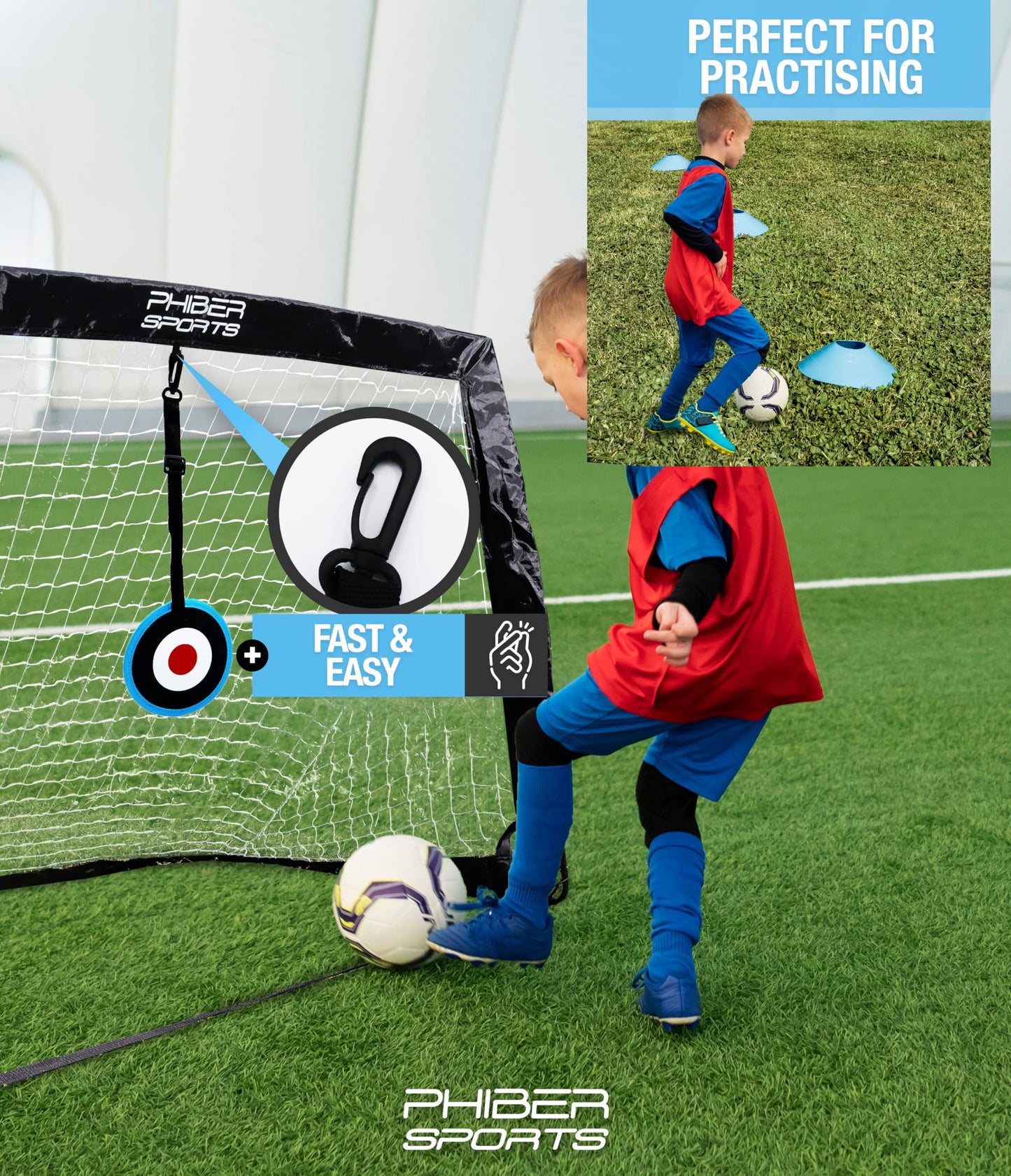 PHIBER-SPORTS 2-Piece Kids Football Goal Set – 2025 Version with Reinforced Fiberglass – Includes Carry Bag, 6 Cones, 2 Targets – Soccer Goals for Kids' Garden Play, Outdoor Football Goal, Soccer Net