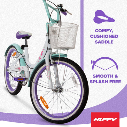 Huffy Girly Girl 20-Inch Cruiser Bike, Basket, Bell, Mudguards, Adjustable Comfort Saddle, Upright Handlebars, Single-Speed, Dual Brakes, Stylish Girls’ Bike for Ages 5-9, White & Sea Crystal
