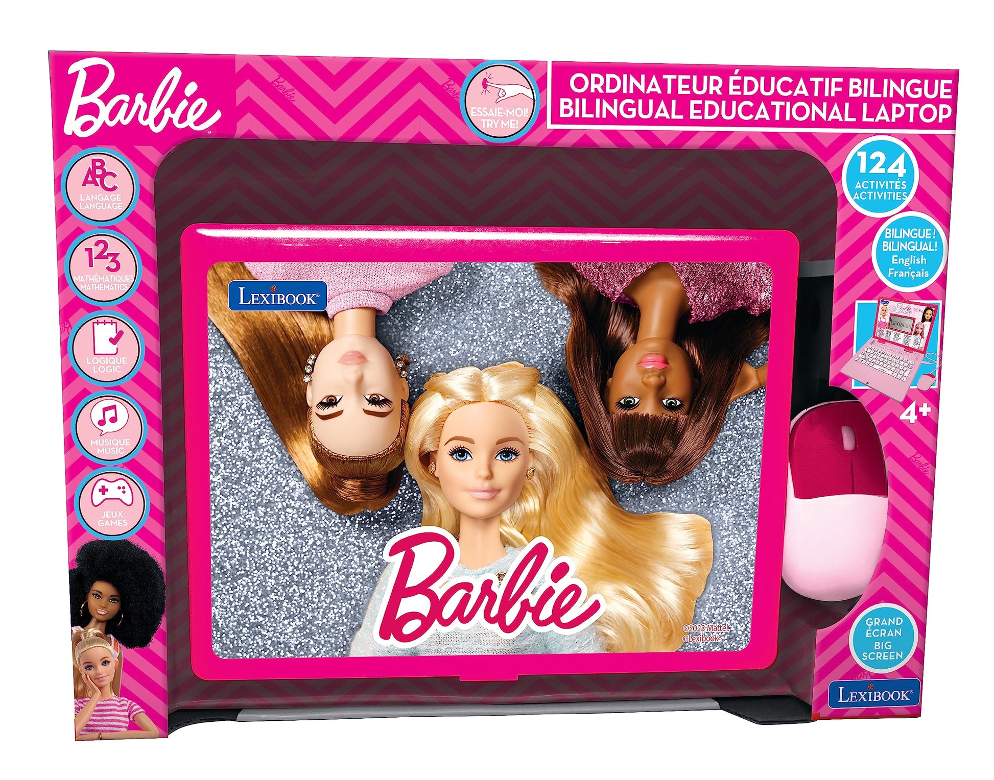 Pink LEXIBOOK Barbie bilingual laptop for children, featuring 124 educational activities, games, and music.