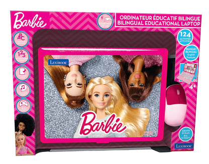Pink LEXIBOOK Barbie bilingual laptop for children, featuring 124 educational activities, games, and music.