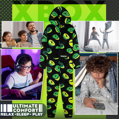 Xbox boys' onesie for teens, black and green fleece hooded jumpsuit with gamer-themed design, cozy nightwear for 11-12 year olds.