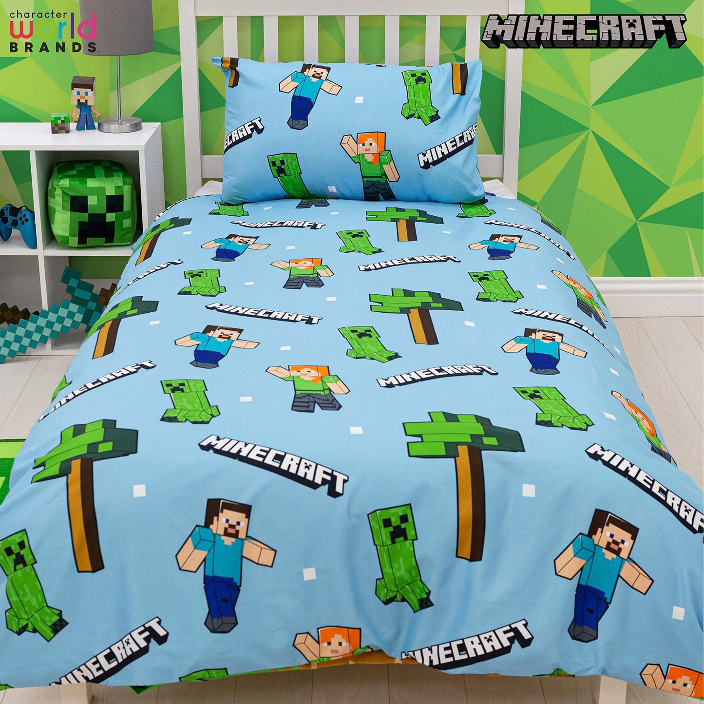 Minecraft Official Single Duvet Cover Set, Epic Design | Blue Reversible 2 Sided Bedding Duvet Cover Official Merchandise Including Matching Pillow Case