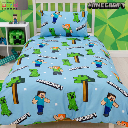 Minecraft Official Single Duvet Cover Set, Epic Design | Blue Reversible 2 Sided Bedding Duvet Cover Official Merchandise Including Matching Pillow Case