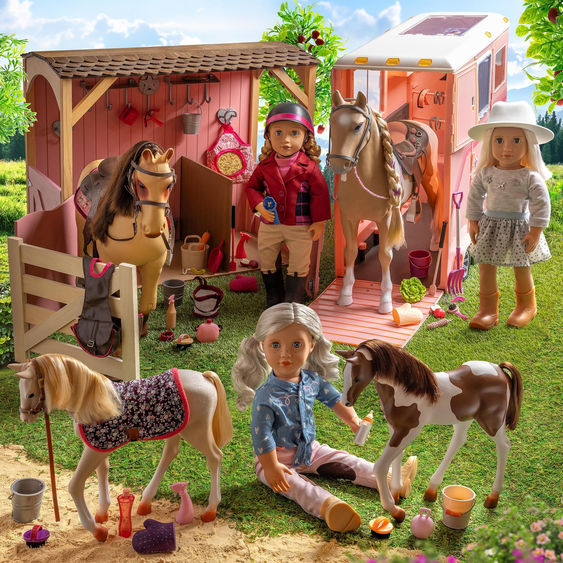 Deluxe equestrian outfit for 18-inch dolls featuring riding accessories, including a helmet, boots, and stylish clothing.