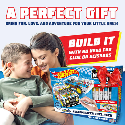 BLADEZ Hot Wheels Custom Racers, DIY Twin Pack, Make Your Own/Build Your Own, Pull Back Vehicles for kids, Customisable with pens and stickers, Creative Maker Kitz by Bladez Toyz