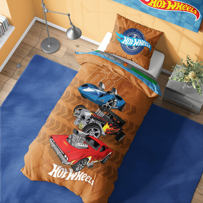 Hot Wheels Dino City single duvet cover set featuring colorful dinosaur and car designs, includes reversible pillowcase.