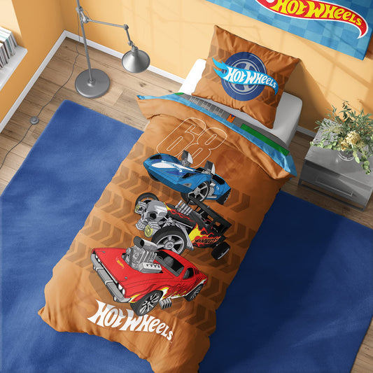 Hot Wheels Dino City single duvet cover set featuring colorful dinosaur and car designs, includes reversible pillowcase.