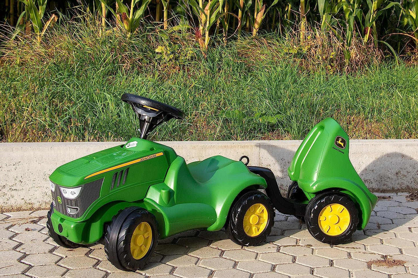 Rolly Toys Minitrac John Deere 6150R Baby Ride-On with Trailer, Tilting Trailer Under Bonnet, Steering Wheel with Horn, for Children from 1.5 Years