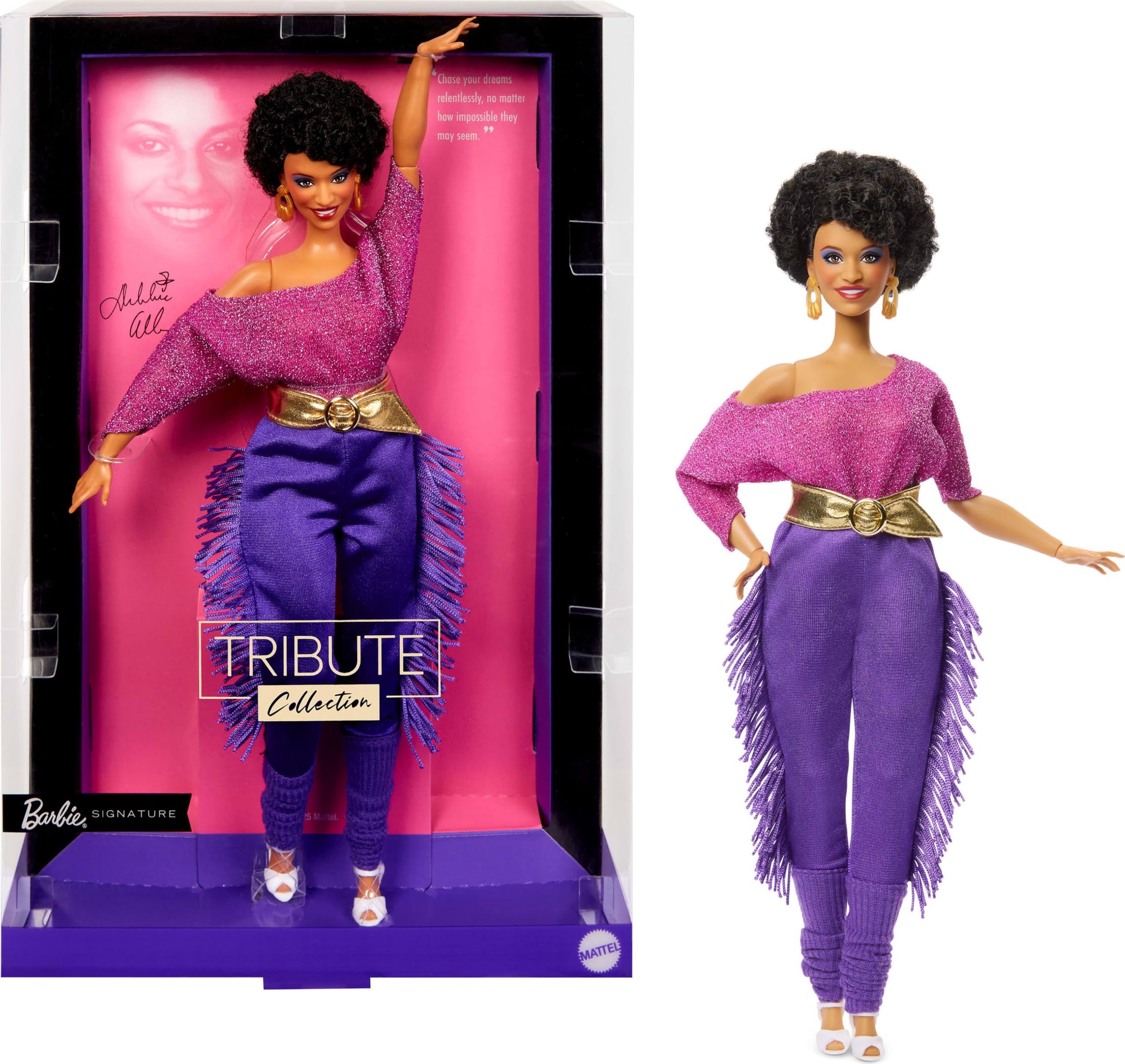 Barbie Signature Debbie Allen Tribute Doll in off-shoulder top, gold belt, purple fringe pants, and leg warmers.