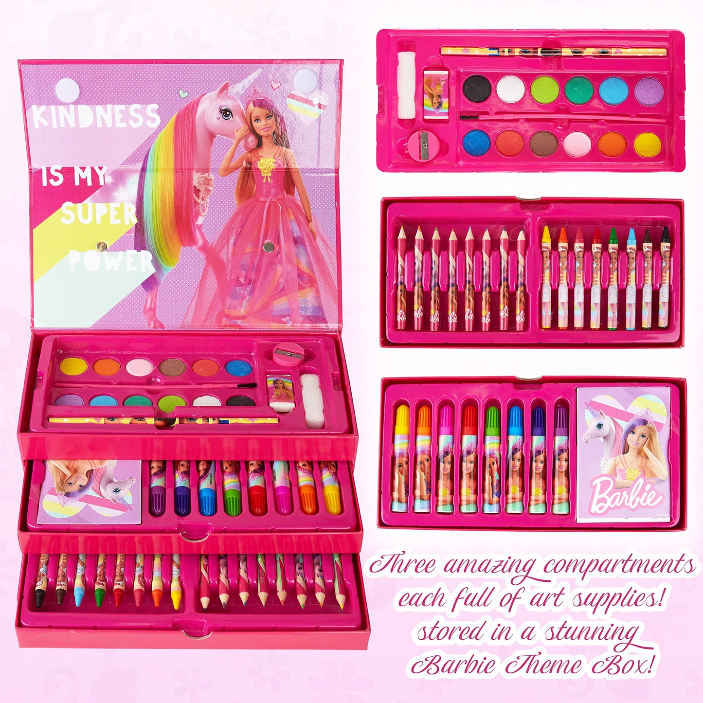 Barbie Art Set for Girls with Colouring Pencils Paints Felt Tip Pens Stationery Crafts for Kids Art Supplies School Travel 40 Plus Pcs Gift Set