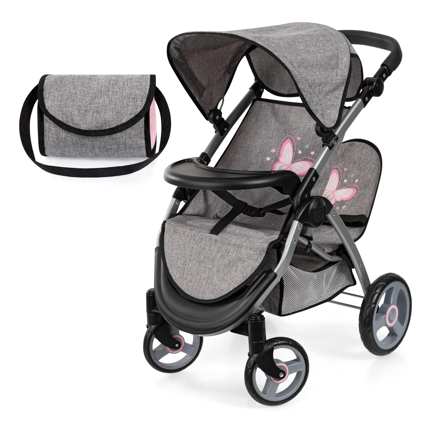 Bayer Twin Dolls Pram with foldable double buggy, adjustable handle, basket, and changing bag for 46 cm dolls, suitable for ages 3+.
