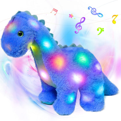 Hopearl LED Musical Stuffed Dinosaur Light up Singing Diplodocus Soft Plush Toy with Long Neck Adjustable Volume Lullaby Animated Soothe Gifts for Kids Toddlers, Blue, 16''