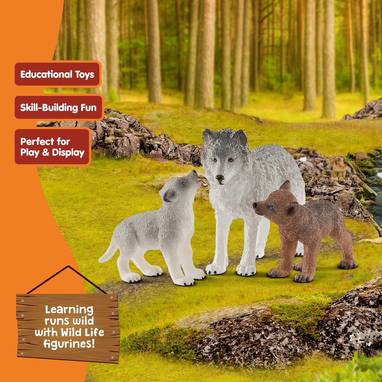 SCHLEICH 42472 Wild Life 3pc Mother Wolf and Baby Wolf Pups Figurine Set - Authentic and Highly Detailed Animal Toys, Durable for Education and Fun Play, Perfect for Boys and Girls, Ages 3+