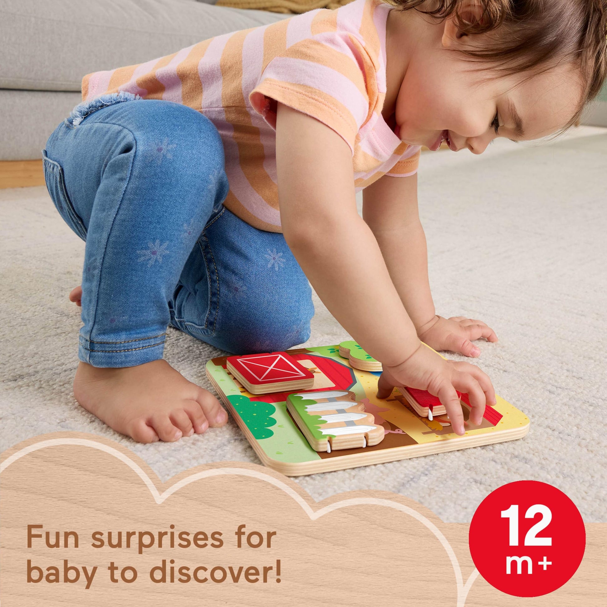 Fisher-Price wooden farm animal toy for babies and toddlers, featuring colorful farm animals on a wooden activity board.