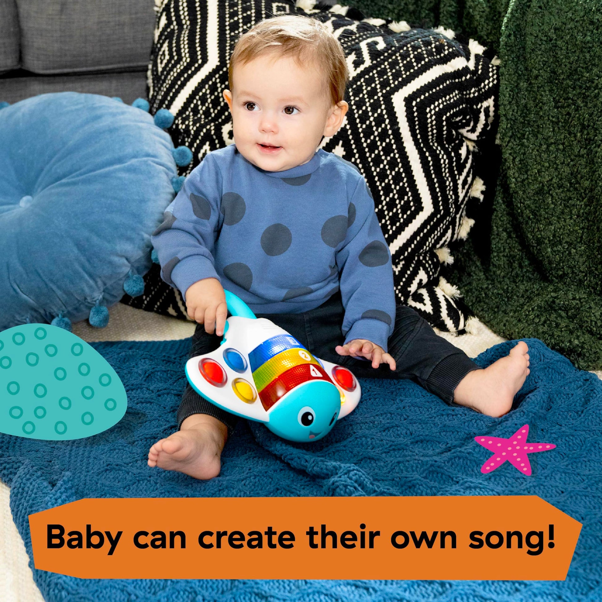 Baby Einstein Ocean Explorers Stingray Popper Toy for babies 6 months and up, featuring colorful ocean-themed design and interactive elements.