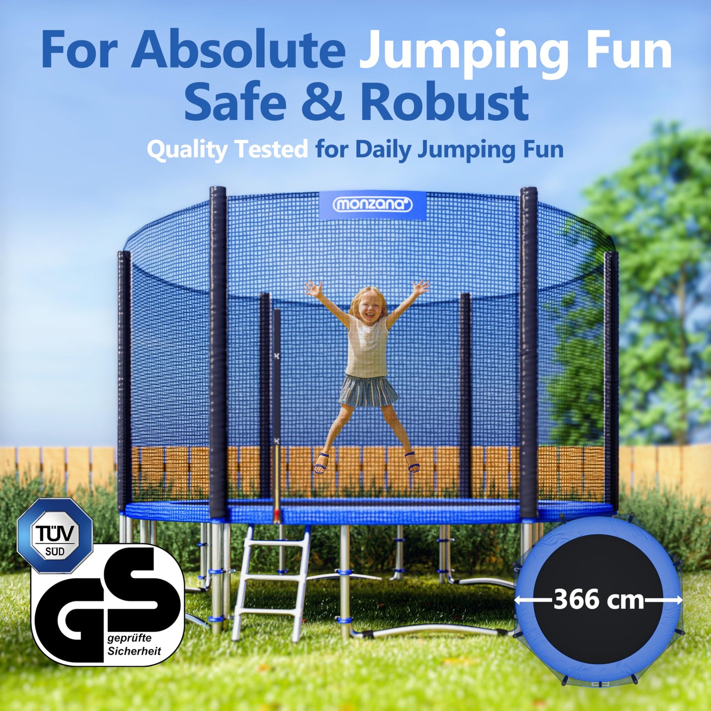 MONZANA® 12ft Trampoline Set with Safety Net & Ladder | Complete Outdoor Garden Trampoline for Kids & Adults | Heavy-Duty Frame, Edge Cover, Spring Tool | Home Fitness Family Toddler Play Equipment