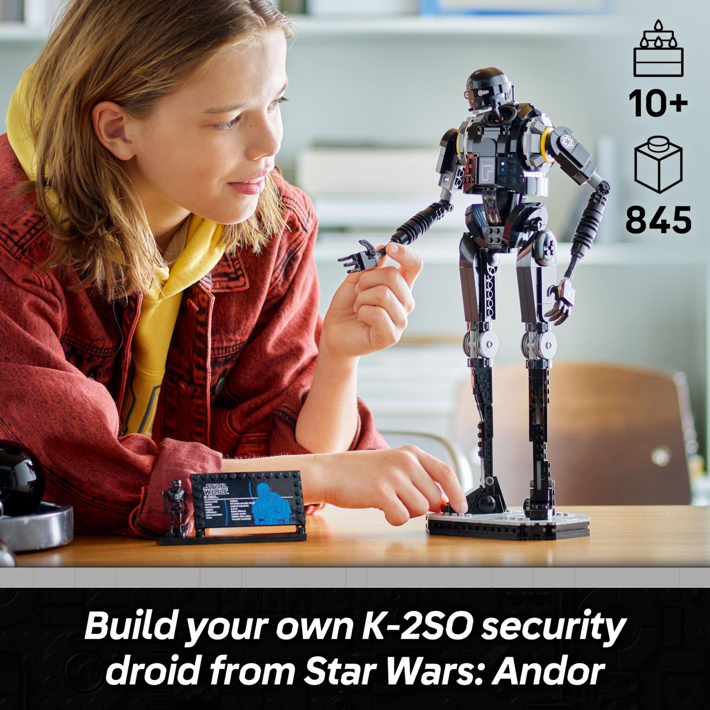 LEGO Star Wars 75434 K-2SO Security Droid figure, posable model kit with information plaque for display and play.
