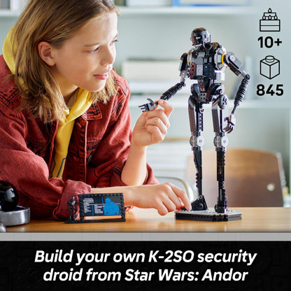 LEGO Star Wars 75434 K-2SO Security Droid figure, posable model kit with information plaque for display and play.