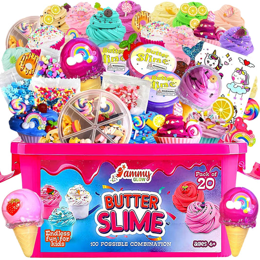Ammy Glow jumbo butter slime kit for girls, includes colorful slimes, charms, sprinkles, storage box, non-toxic, sensory toy for kids