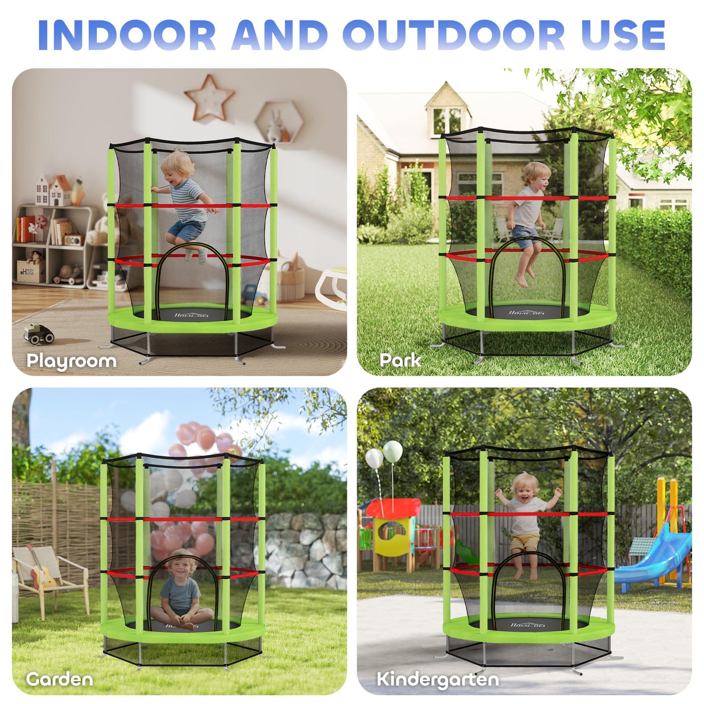 HOMCOM 4.6FT Kids Trampoline for Toddlers Indoor w/Enclosure Net, Steel Frame, for Ages 3-6 Years - Green