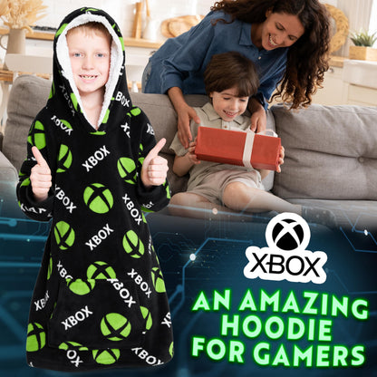 Xbox fleece blanket hoodie for boys and teens, oversized cozy hoodie blanket with gamer-themed design, perfect for warmth and comfort.
