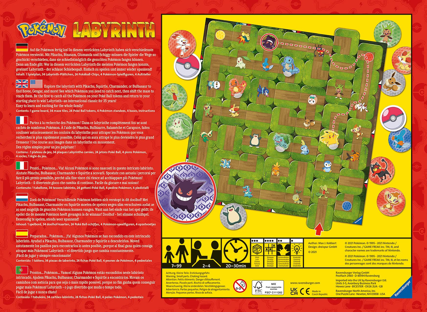 Ravensburger Pokemon Labyrinth board game with colorful maze design, suitable for kids aged 7 and up, 2 to 4 players.